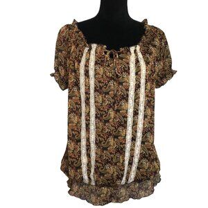Maurices Paisley Boho Short Sleeve Ruffle Top in Brown - Size Large